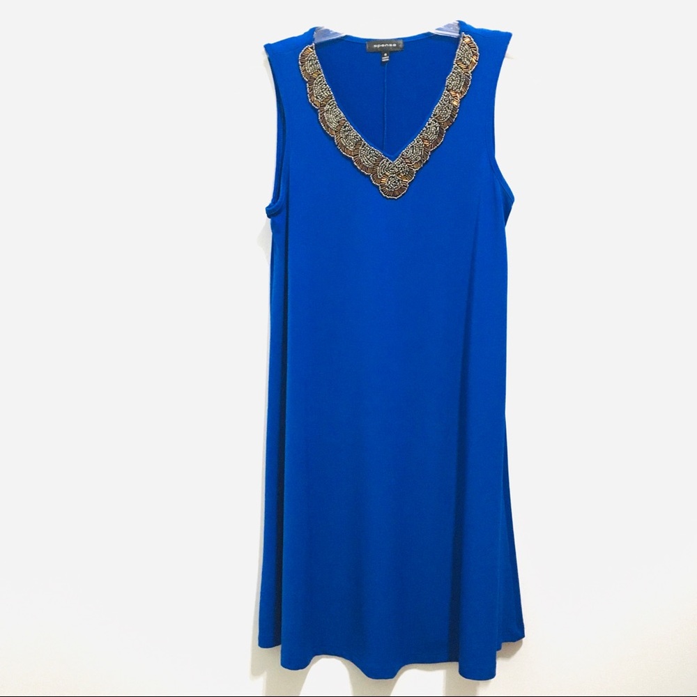 Spense Blue Sleeveless V-Neck Beaded Midi Dress